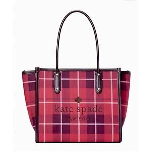 KATE SPADE PLAID TOTE BAG "ELLA" BRIGHT ROSE RED & BLACK PURSE NEW!